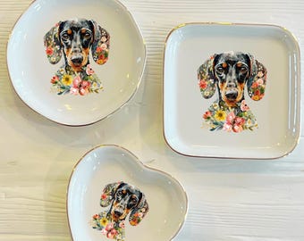 Floral Dachshund Ring Trinket Dish | Dachshund Puppy Ring Dish | Dachshund Lover Jewelry Dish | Gift for Her