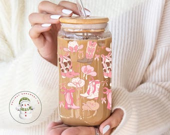 Cowgirl Coquette Christmas Glass Tumbler Cup | Farm Girly Holiday Iced Coffee Cup | 16 oz/20 oz | Farm Girly Pink | Gifts for Her