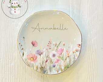 Personalized Pastel Wildflower Flower Ring Trinket Dish | Jewelry Dish | Wedding Bridesmaid Gift