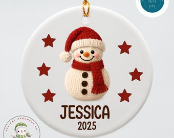 Personalized Faux Yarn Snowman Ceramic Holiday Ornament | Kids Name Christmas Ornament
