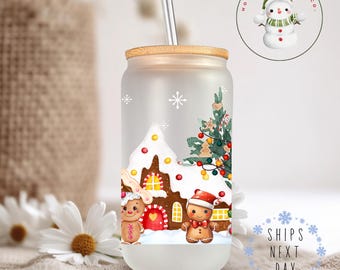 Christmas Village Glass Tumbler Cup | Pretty Gingerbread Holiday Iced Coffee Cup | 16 oz/20 oz | Cute Xmas Cup | Book Club Gift