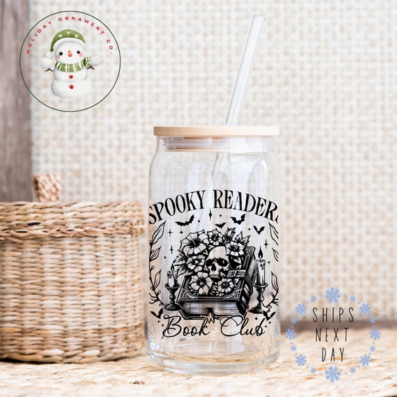 Spooky Reader Glass Tumbler: Halloween Book Club Iced Coffee Cup