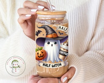 Half Coffee Half Witch Ghost Glass Tumbler Cup | Halloween Iced Coffee Cup | 16 oz/20 oz | Cute Girly Cup | Gifts for Her