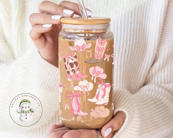 Coquette Cowgirl Glass Tumbler | Custom Boots Cowgirl Hat Girly Iced Coffee Cup | 20 oz | Bookclub | Book Lovers