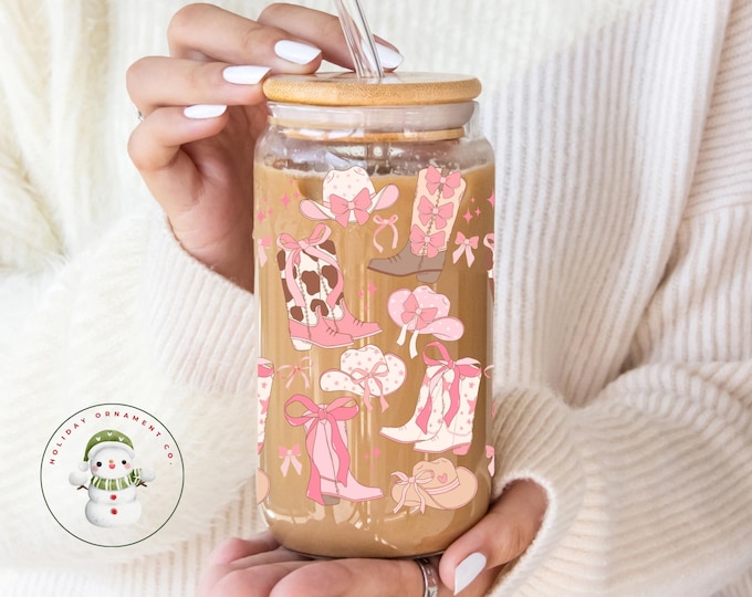 Featured listing image: Coquette Cowgirl Glass Tumbler | Custom Boots Cowgirl Hat Girly Iced Coffee Cup | 20 oz | Bookclub | Book Lovers