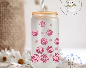 Pink Cascading Daisies Cup Glass Tumbler Cup | Pretty Daisy Floral Iced Coffee Cup | 16 oz/20 oz | Book Club Cup | Gifts for Her