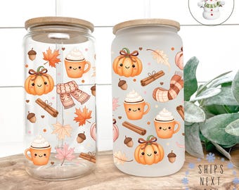 Pumpkin Latte Coffee Glass Tumbler: Kawaii Fall Iced Cup (16oz/20oz)