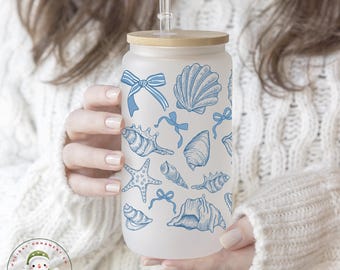 Blue Seashells Glass Tumbler Cup | Cute Beach Theme Iced Coffee Cup | 16 oz/20 oz | Summer Ice Coffee Libbey Cup Lid Straw