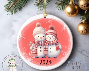 Snowmen Couple Year Christmas Ornament | Cute Couple Glass or Ceramic Holiday Ornament | Keepsake Gift | Engagement Married