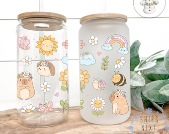 Spring Capybara Glass Libbey Cup | Cute Animal Iced Coffee Cup | 16 oz/20 oz | Party Favors | Gift for Her