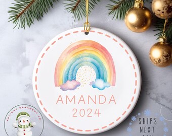 Rainbow Personalized Name Christmas Ornament | Girly New Baby Ceramic Holiday Ornament | Keepsake Gift Baby