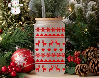 Nordic Reindeer Christmas Glass Tumbler Cup | Pretty Holiday Iced Coffee Cup | 16 oz/20 oz | Cute Xmas Cup | Book Club Gift