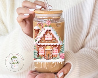 Coquette Gingerbread House Christmas Glass Tumbler Cup | Pretty Holiday Iced Coffee Cup | 16 oz/20 oz | Cute Xmas Cup | Book Club Gift