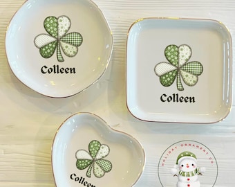 Personalized Patchwork Shamrock Ring Trinket Dish | St Patricks Custom Jewelry Tray