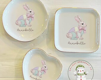 Personalized Patchwork Bunny Ring Trinket Dish | Easter Custom Jewelry Tray