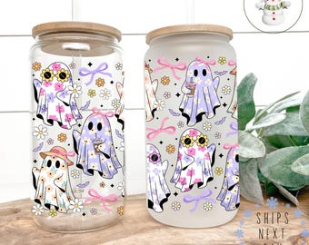 Daisy Ghosts Libbey Coffee Glass Tumbler: Cute Halloween Iced Coffee Cup (16 oz/20 oz)