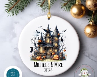 Personalized Couple Halloween Ornament | Spooky Haunted House Halloween Glass or Ceramic Holiday Ornament | Spooky Holiday Gift
