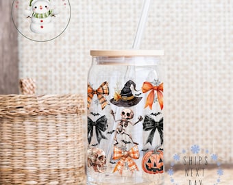 Skeletons Pumpkins Bows Coquette Glass Tumbler Cup | Halloween Iced Coffee Cup | 16 oz/20 oz | Cute Halloween Lover Cup | Gifts for Her