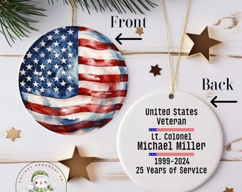 US Veteran Christmas Ornament | Front Back Watercolor Flag Veteran Name Holiday Gift | Gift for Military Retired