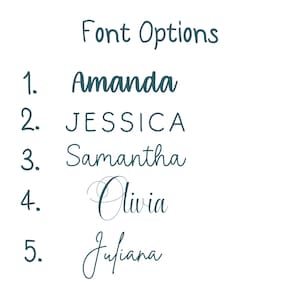 May include: A list of five font options for names, numbered 1 through 5. The names are Amanda, Jessica, Samantha, Olivia, and Juliana.