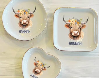 Personalized Highland Cow Ring Dish: Farm Themed Jewelry Trinket Plate