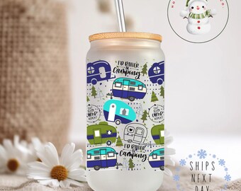 Blue Camper Glass Tumbler Cup | Camping Life Iced Coffee Cup | 16 oz/20 oz | Cute Camping Cup | Camping Lover Gift