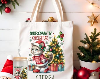 Meowy Christmas Tote Bag and Frosted 16 oz Libbey Glass Cup, Personalized Large Tote Gift Bag, Ice Coffee Cup with Lid and Straw