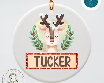 Reindeer Personalized Christmas Ornament | Boy Name Ornament | New Baby | Personalized Baby Gift | Ceramic Holiday Ornament