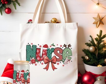 Nurse Christmas Tote Bag and Frosted 16 oz Libbey Glass Cup, Large Tote Gift Bag, Ice Coffee Cup with Lid and Straw