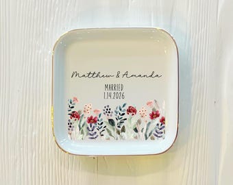 Personalized Wildflower Couples Married Square Ring Trinket Dish | Keepsake Gift
