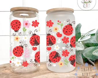 Floral Ladybugs Glass Libbey Cup | Pretty Summer Iced Coffee Cup | 16 oz/20 oz | Party Favors | Gift for Her