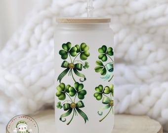 Shamrock Bows St Patricks Day Glass Tumbler Cup | Shamrock Libbey Iced Coffee Cup | 16 oz/20 oz | Cute Book Club Cup | Gift for Her