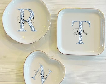 Personalized Name Blue Toile Initial Ring Trinket Dish | Blue Delft Toile Ring Dish | Jewelry DishGift | Wedding Party Gift
