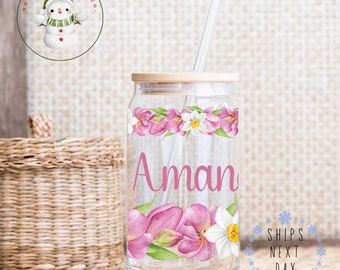 Personalized Pink Floral Glass Tumbler Cup | Custom Name Iced Coffee Cup | 16 oz/20 oz | Party Wedding Favors | Gifts for Her