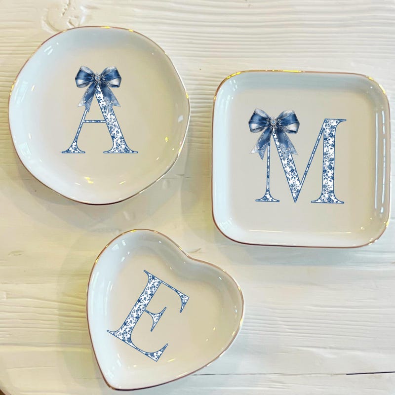 🎁 Personalized Blue Toile Initial Ring Trinket Dish | Blue Bow Toile Ring Dish | Girly Jewelry Dish | Gift for Her