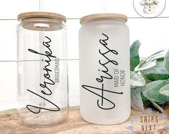 Personalized Wedding Party Glass Tumbler with Bamboo Lid & Straw