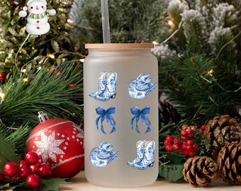 Blue Chinoiserie Cowgirl Boots Glass Tumbler Cup | Pretty Blue Toile Iced Coffee Cup | 16 oz/20 oz | Girly Coquette Cup | Book Club Gift