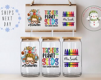 Personalized Teachers Plant Seeds Glass Tumbler Cup Teacher Gift Iced Coffee 16 oz / 20 oz Teacher Appreciation End of Year Holiday Present