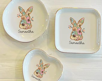 Easter Floral Bunny Personalized Ring Trinket Dish | Watercolor Easter Ring Dish | Custom Ring Dish | Girls Easter Bunny Gift for Her