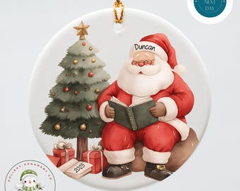 Personalized Santa Reading Christmas Ornament | 2025 Holiday Ornament | Sibling Ornament
