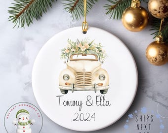 Couples Wedding Christmas Ceramic Ornament | Boho Vintage Car Ornament  | Anniversary Gift | New Couple Gift | Newlywed Gift