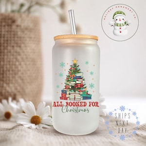 All Booked Up For Christmas Glass Tumbler Cup | Bookish Holiday Iced Coffee Cup | 16 oz/20 oz | Cute Reader Cup | Gifts for Her