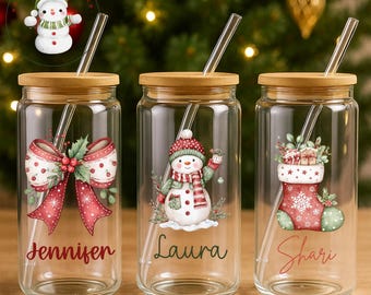 Personalized Watercolor Christmas Glass Tumbler : Custom Holiday Iced Coffee Cup (16/20 oz)