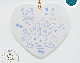 Personalized Wedding Heart Christmas Ornament | Something Blue Holiday Ornament | Couples Personalized Ceramic Ornament Gift