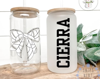 Coquette Volleyball Bow Personalized Glass Tumbler Cup | Volleyball Mom Player Name Iced Coffee Cup | 16 oz/20 oz | Sports Mom Cup