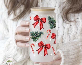 Red Bows Christmas Trees Libbey Glass Tumbler : Custom Holiday Iced Coffee Cup (16/20 oz)