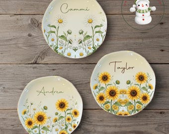 Personalized Watercolor Daisy Sunflower Flower Ring Trinket Dish | Jewelry Dish | Wedding Bridesmaid Gift