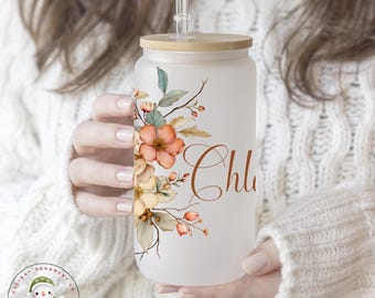 Personalized Boho Flower Glass Tumbler with Bamboo Lid & Straw (16/20 oz)