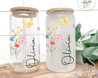 Personalized Wildflower Butterfly Glass Tumbler with Bamboo Lid & Straw (16/20 oz)