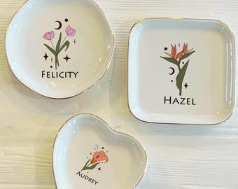 Zodiac Birth Flower Personalized Ring Trinket Dish | Astrological Ring Dish | Girly Jewelry Dish | Gift for Her